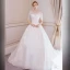 Elegante Champagne Trouwjurken 2018 Baljurk Kant Bloem Kralen Parel Ronde Hals 1/2 Mouwen Cathedral Train Huwelijk