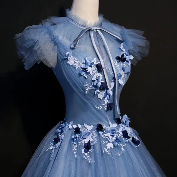 Vintage / Retro Ocean Blue Prom Dresses 2018 Ball Gown Lace Flower Appliques Bow Scoop Neck Backless Short Sleeve Floor-Length / Long Formal Dresses