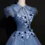 Vintage / Retro Ocean Blue Prom Dresses 2018 Ball Gown Lace Flower Appliques Bow Scoop Neck Backless Short Sleeve Floor-Length / Long Formal Dresses