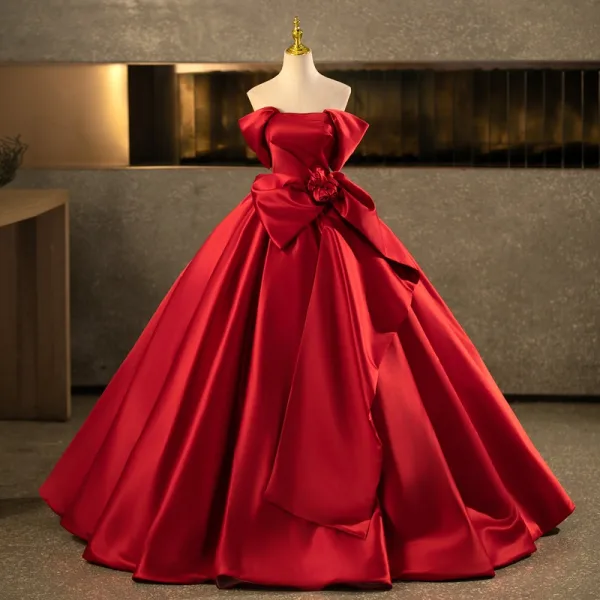 Elegant Burgundy Prom Dresses 2025 Ball Gown Off-The-Shoulder Bow Short Sleeve Backless Floor-Length / Long Formal Dresses