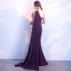 Sexy Purple Evening Dresses  2018 Trumpet / Mermaid Beading Crystal Sequins One-Shoulder Sleeveless Backless Sweep Train Formal Dresses