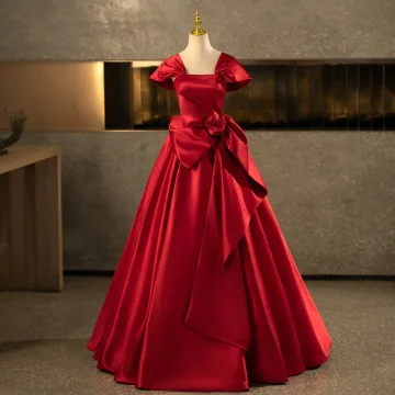 Élégant Bordeaux Robe De Bal 2025 Robe Boule De L Épaule Noeud Manches Courtes Dos Nu Longue Robe De Ceremonie