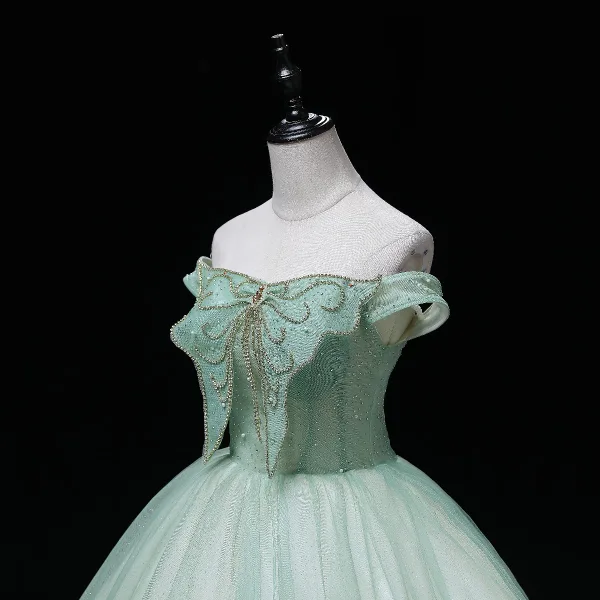 Elegant Sage Green Sequins Prom Dresses 2022 Ball Gown Off-The-Shoulder Sleeveless Rhinestone Butterfly Beading Backless Pearl Floor-Length / Long Formal Dresses
