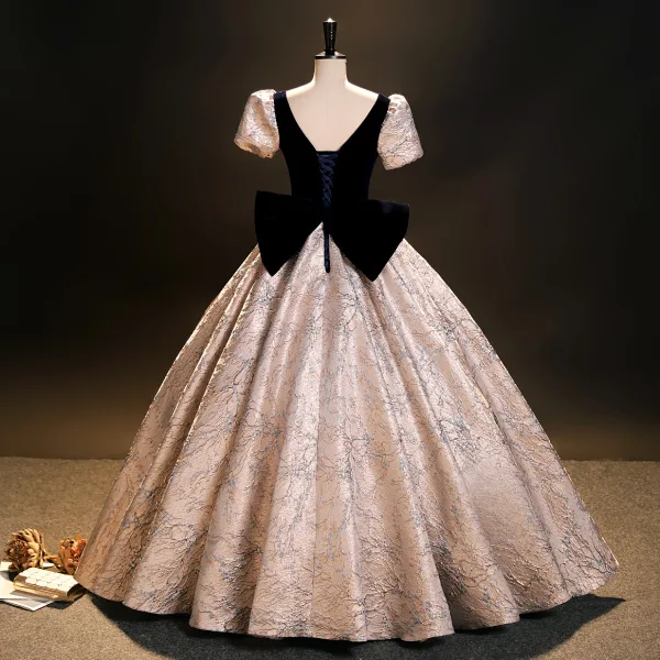 Elegant Black Printing Prom Dresses 2023 Ball Gown Square Neckline Short Sleeve Backless Bow Floor-Length / Long Formal Dresses