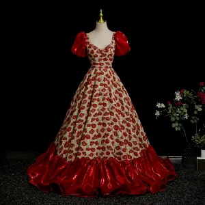 Fancy Burgundy Rhinestone Floral Prom Dresses 2025 Ball Gown Square Neckline Satin Short Sleeve Backless Floor Length Long Formal Dresses