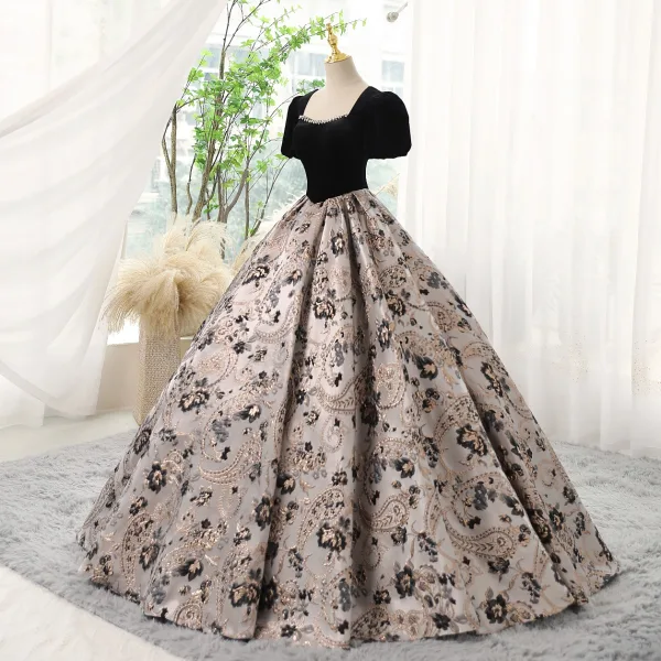 Elegant Black Printing Prom Dresses 2023 Ball Gown Square Neckline Rhinestone Short Sleeve Backless Floor-Length / Long Prom Formal Dresses