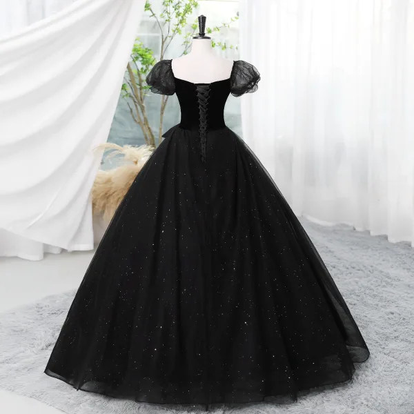 Élégant Noire Paillettes Robe De Bal 2023 Robe Boule Encolure Carrée Manches Courtes Dos Nu Longue Promo Robe De Ceremonie