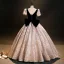 Elegant Black Printing Prom Dresses 2023 Ball Gown Square Neckline Short Sleeve Backless Floor-Length / Long Prom Formal Dresses