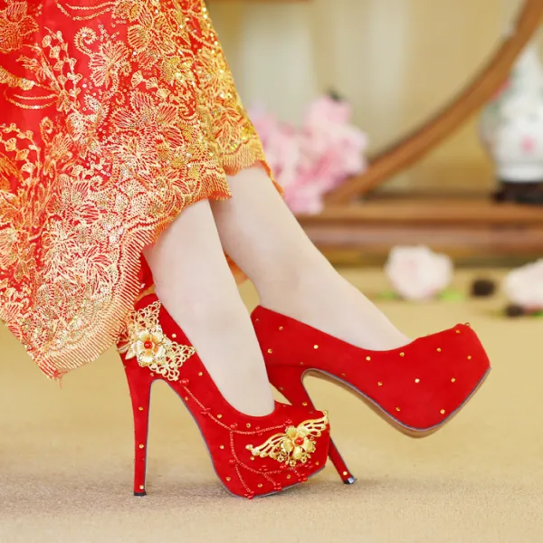 Chinese style Red Wedding Shoes 2019 Beading Gold Flower 14 cm