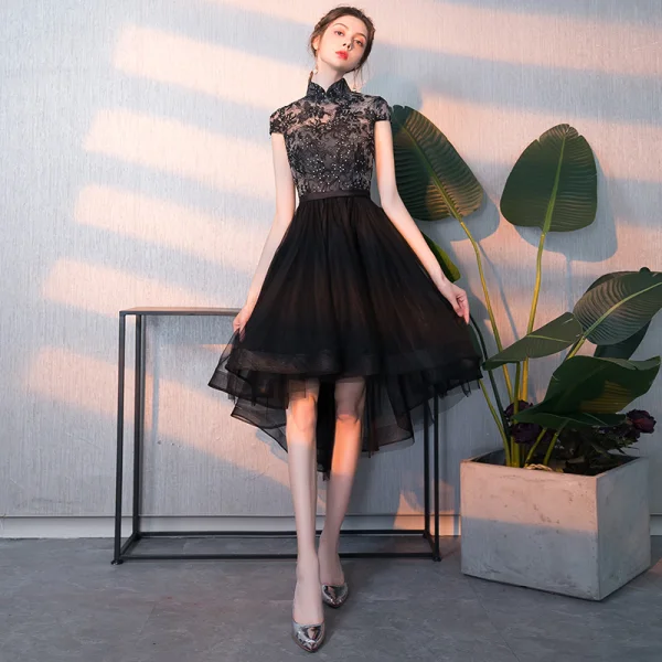 Elegant Black Cocktail Dresses 2018 A-Line / Princess Asymmetrical Rhinestone Embroidered High Neck Cap Sleeves Formal Dresses