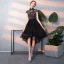 Elegant Black Cocktail Dresses 2018 A-Line / Princess Asymmetrical Rhinestone Embroidered High Neck Cap Sleeves Formal Dresses