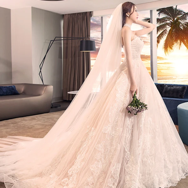 Elegant Champagne Brudekjoler Ballkjole 2018 Blonder Blomst Kjæreste Ryggløse Uten Ermer Royal Train Bryllup