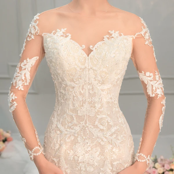 Sexy Champagne Wedding Dresses 2018 Trumpet / Mermaid Lace Flower Pearl Scoop Neck Long Sleeve Chapel Train Wedding
