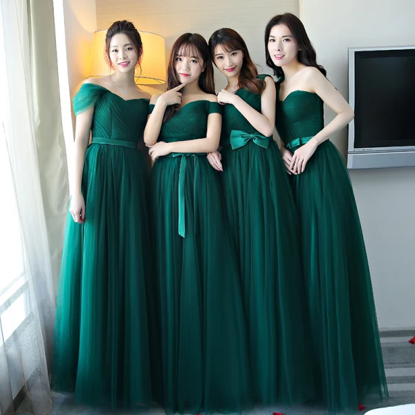 Simple Vert Foncé Robe Demoiselle D'honneur 2018 Princesse Noeud Sans Manches Dos Nu Longue Robe Pour Mariage