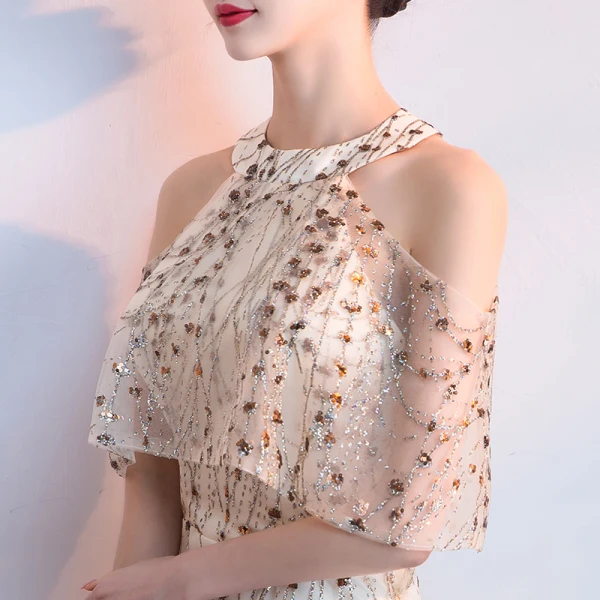 Sexy Champagne Evening Dresses  2018 A-Line / Princess Glitter Sequins Scoop Neck Strapless Sleeveless Floor-Length / Long Formal Dresses