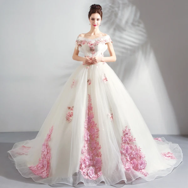 Chic / Beautiful White Wedding Dresses 2018 Ball Gown Appliques Lace Embroidered Pearl Off-The-Shoulder Backless Sleeveless Chapel Train Wedding
