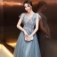 Elegant Evening Dresses  2018 A-Line / Princess Appliques Beading Crystal Pearl V-Neck Backless Short Sleeve Floor-Length / Long