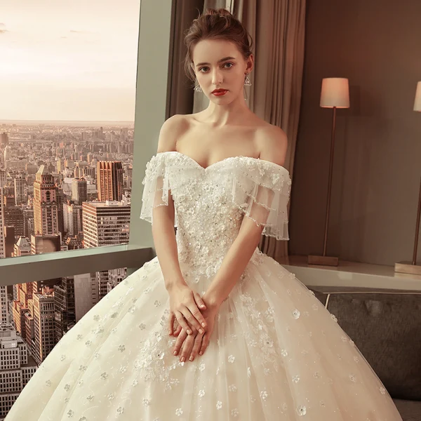 Elegant Champagne Wedding Dresses 2018 Ball Gown Lace Appliques Beading Pearl Sequins Off-The-Shoulder Sleeveless Backless Floor-Length / Long Wedding