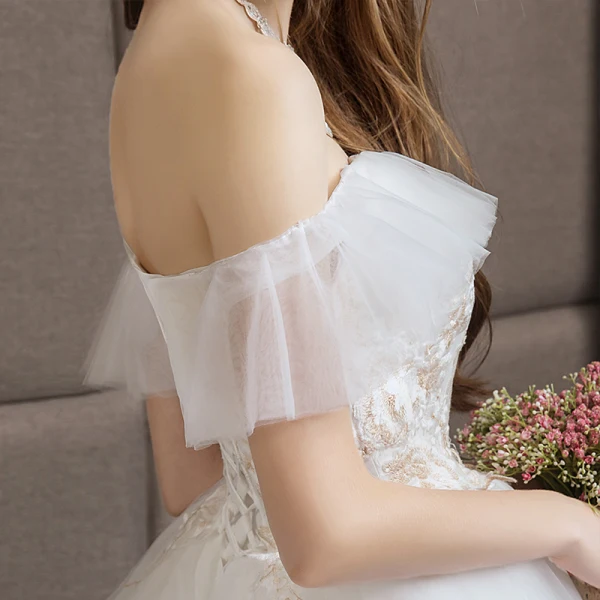 Elegant Ivory Wedding Dresses 2018 A-Line / Princess Lace Appliques Off-The-Shoulder Backless Sleeveless Cathedral Train Wedding