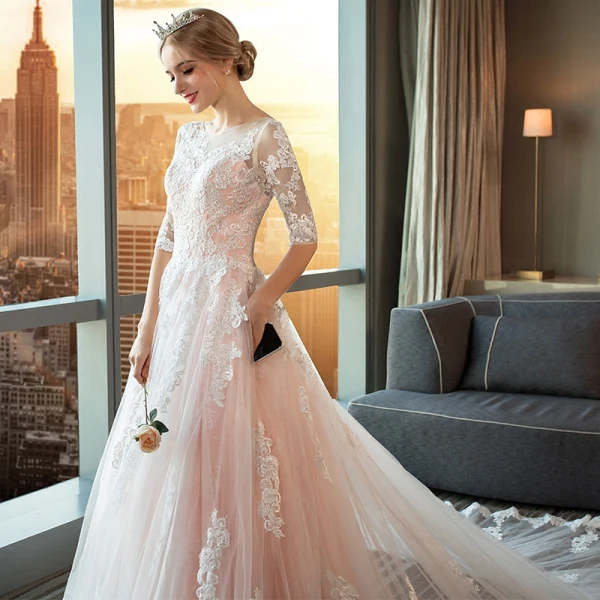 Modern / Fashion Pearl Pink Wedding Dresses 2018 A-Line / Princess Appliques Lace Scoop Neck Backless 1/2 Sleeves Cathedral Train Wedding