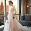 Modern / Fashion Pearl Pink Wedding Dresses 2018 A-Line / Princess Appliques Lace Scoop Neck Backless 1/2 Sleeves Cathedral Train Wedding