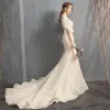 Chic / Beautiful Champagne Wedding Dresses 2018 Trumpet / Mermaid Lace Scoop Neck Backless Short Sleeve Chapel Train Wedding