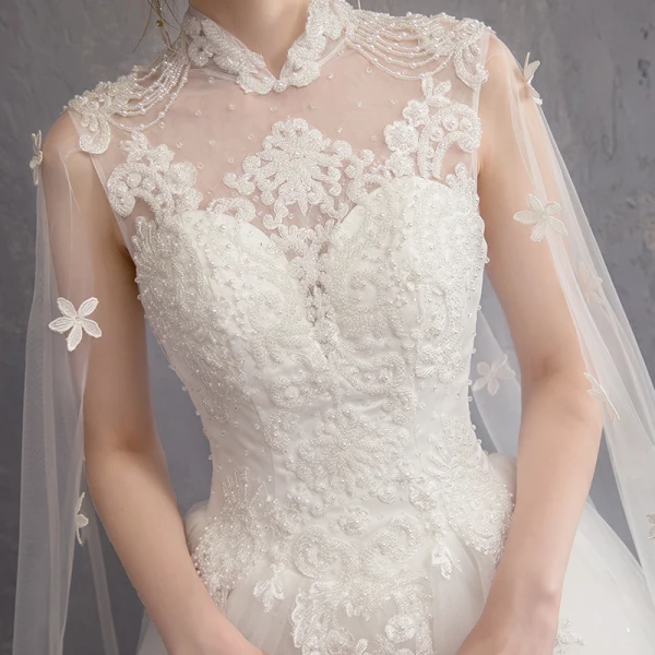 Charming White Wedding Dresses 2018 Ball Gown Lace Appliques Beading Crystal Pearl High Neck Sleeveless Backless Watteau Train Wedding