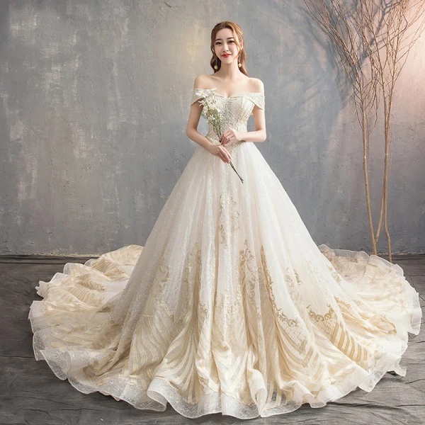 Luxury / Gorgeous Champagne Wedding Dresses 2018 A-Line / Princess Lace Beading Crystal Sequins Off-The-Shoulder Backless Sleeveless Royal Train Wedding