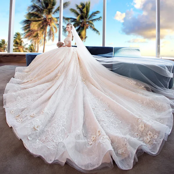Luxury / Gorgeous Champagne Wedding Dresses 2018 Ball Gown Appliques Lace Beading Tassel Crystal Pearl Rhinestone Sequins Off-The-Shoulder Backless Sleeveless Royal Train Wedding