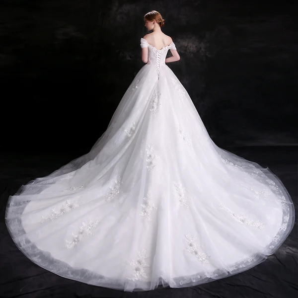 Chic / Beautiful White Wedding Dresses 2018 Ball Gown Lace Flower Rhinestone Organza Off-The-Shoulder Backless Sleeveless Cathedral Train Wedding