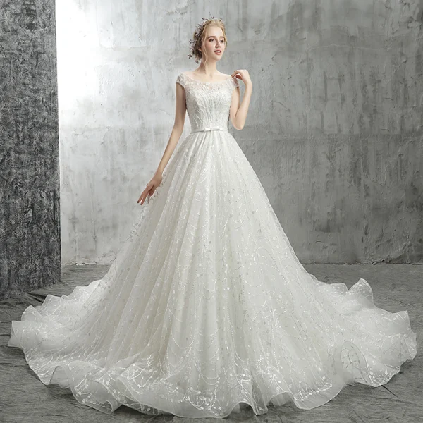Modern / Fashion White Wedding Dresses 2018 A-Line / Princess Bow Beading Crystal Pearl Sequins Scoop Neck Backless Cap Sleeves Cathedral Train Wedding