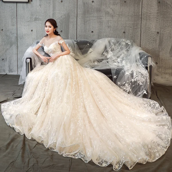Luxury / Gorgeous Champagne Wedding Dresses 2018 A-Line / Princess Beading Tassel Appliques Lace Scoop Neck Backless Short Sleeve Cathedral Train Wedding