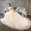 Luxury / Gorgeous Champagne Wedding Dresses 2018 A-Line / Princess Beading Tassel Appliques Lace Scoop Neck Backless Short Sleeve Cathedral Train Wedding
