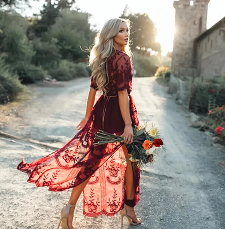 fitted lace wedding dress Burgundy Long Sleeve Maxi Dress with Pockets