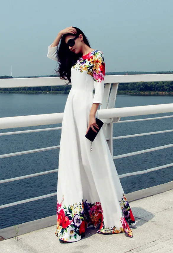 Chic / Beautiful Ivory Casual Maxi Dresses 2018 A-Line / Princess Printing Scoop Neck 3/4 Sleeve Ankle Length Women's Clothing Chic / Beautiful Ivory Casual Maxi Dresses 2018 A-Line / Princess Printing Scoop Neck 3/4 Sleeve Ankle Length Women's Clothing