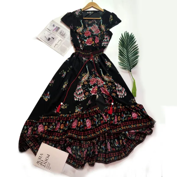 Bohemia Black Summer Casual Maxi Dresses 2018 A-Line / Princess Printing V-Neck Short Sleeve Tea-length Womens Clothing