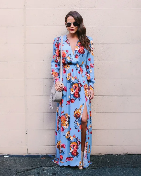 Bohemia Black Casual Maxi Dresses 2018 A-Line / Princess Split Front Printing Sash V-Neck Long Sleeve Floor-Length / Long Womens Clothing