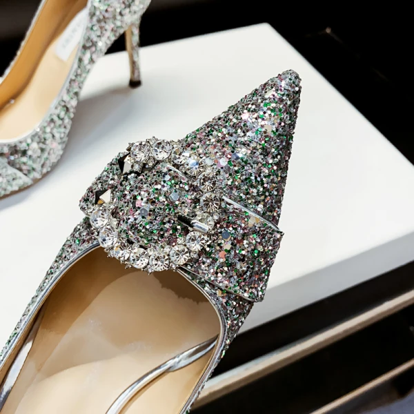 Glittrande Silver Rhinestone Paljetter Läder Brudskor 2021 9 cm Stilettklackar Spetsiga Bröllop Pumps Högklackade
