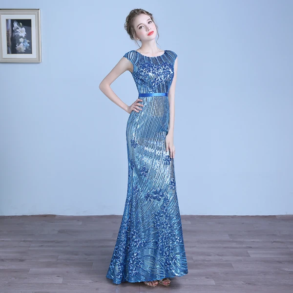 Sparkly Ocean Blue Evening Dresses 2018 Trumpet / Mermaid Lace Sequins Sash Scoop Neck Short Sleeve Floor-Length / Long Formal Dresses