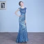 Sparkly Ocean Blue Evening Dresses  2018 Trumpet / Mermaid Lace Sequins Sash Scoop Neck Short Sleeve Floor-Length / Long Formal Dresses