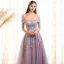 Elegant Lavender Prom Dresses 2018 A-Line / Princess Lace Flower Pearl Sash Off-The-Shoulder Short Sleeve Backless Floor-Length / Long Formal Dresses