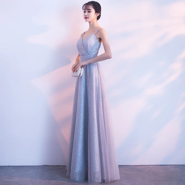 Elegant Grey Evening Dresses 2018 A-Line / Princess Glitter Tulle Spaghetti Straps Backless Sleeveless Floor-Length / Long Formal Dresses