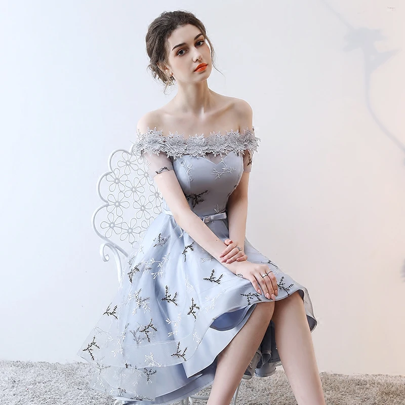 Modern Fashion Grey Cocktail Dresses 2018 A Line Princess Asymmetrical  Appliques Lace Bow Off The Shoulder Backless Short Sleeve Formal Dresses