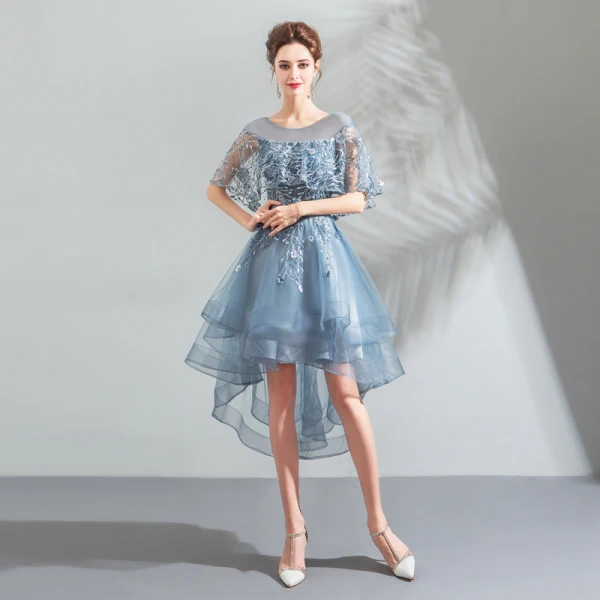 Modern / Fashion Pool Blue Cocktail Dresses 2018 A-Line / Princess Asymmetrical Lace Flower Pearl Scoop Neck Backless Short Sleeve Formal Dresses
