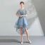 Modern / Fashion Pool Blue Cocktail Dresses 2018 A-Line / Princess Asymmetrical Lace Flower Pearl Scoop Neck Backless Short Sleeve Formal Dresses