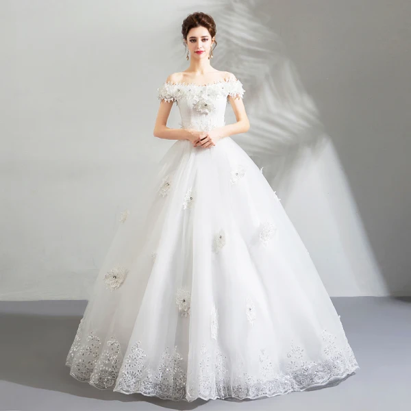 Amazing / Unique White Wedding Dresses 2018 Ball Gown Lace Appliques Rhinestone Off-The-Shoulder Backless Short Sleeve Floor-Length / Long Wedding
