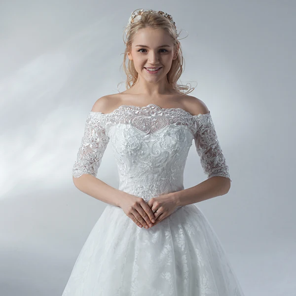 Affordable White Wedding Dresses 2018 A-Line / Princess Lace Flower Off-The-Shoulder Backless 1/2 Sleeves Floor-Length / Long Wedding