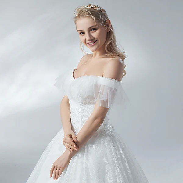 Erschwinglich Ivory / Creme Brautkleider / Hochzeitskleider 2018 A Linie Perlenstickerei Perle Spitze Off Shoulder Rückenfreies Kurze Ärmel Lange Hochzeit