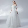 Affordable Ivory Wedding Dresses 2018 Ball Gown Lace Flower Off-The-Shoulder Backless Short Sleeve Floor-Length / Long Wedding