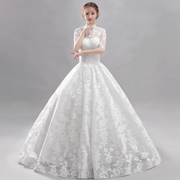 Affordable White Wedding Dresses 2018 Ball Gown Lace Flower High Neck Backless Short Sleeve Cathedral Train Wedding